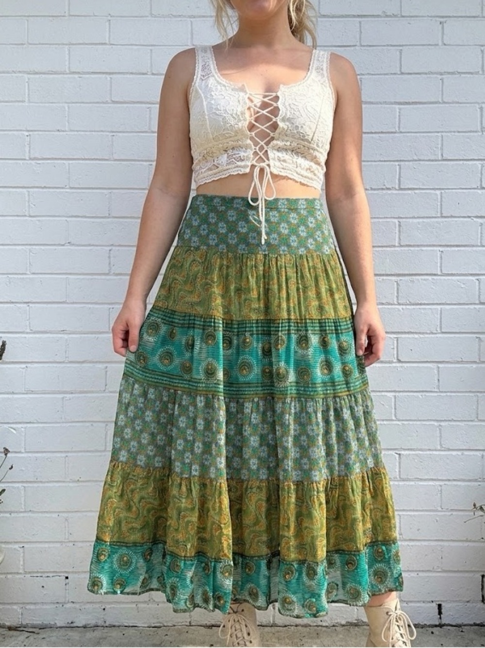 Vintage Boho Sequin Tiered Midi Maxi Skirt Size Medium Green Blue Festival Fairy